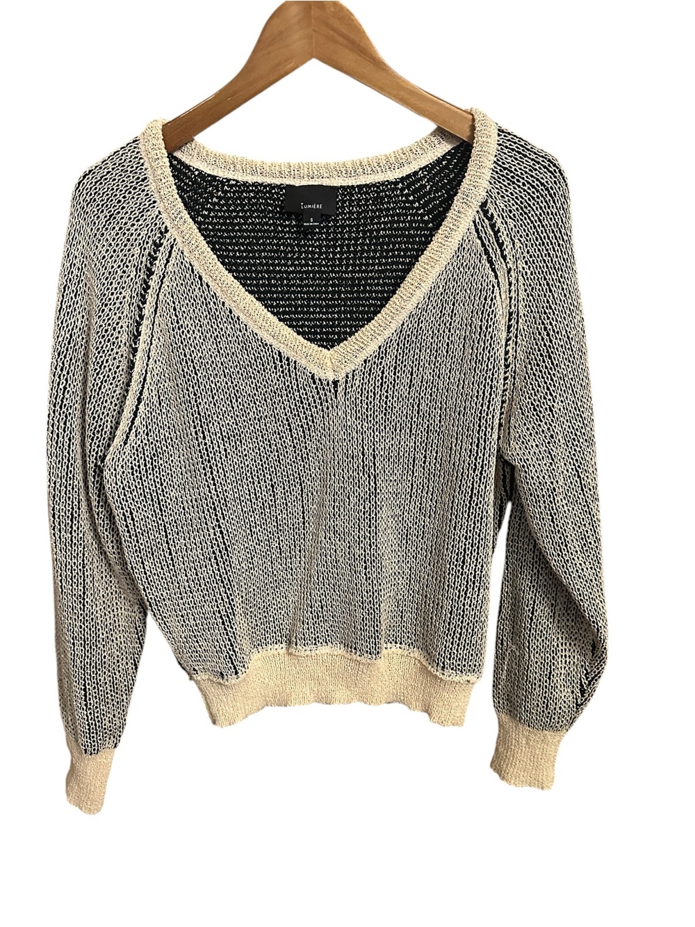 Anthropologie Lumiere Sweater Small Boho Mesh Crochet V-Neck Stretch Coastal